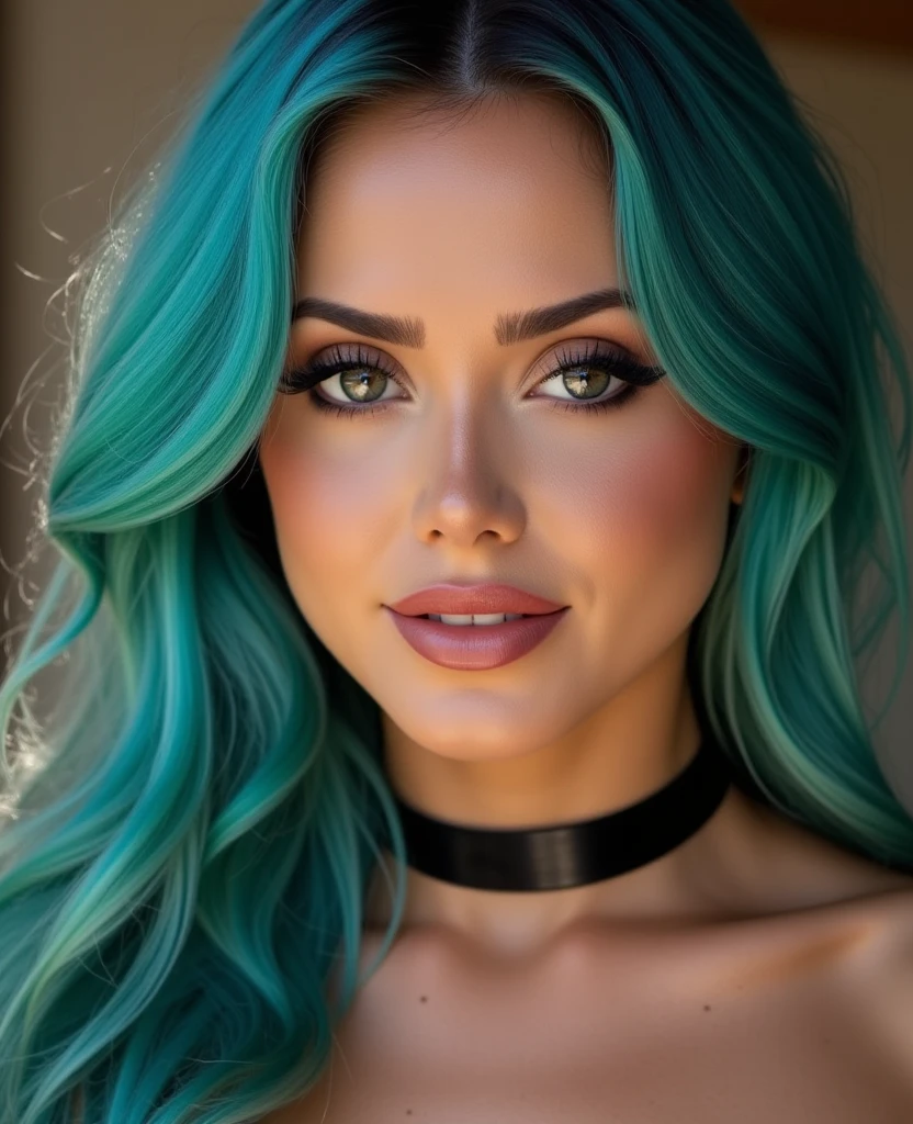 , portrait of attractive  woman, RAW photo, amateur photo quality, aqua hair with hair down, puffy lips, slim, beautiful silver eyes eyes and Smoky Eye with Heavy Liner, freckled face, wearing Caftan,, black choker, looking at viewer, seductive look, slightly open mouth, simple background, realistic midjourney style