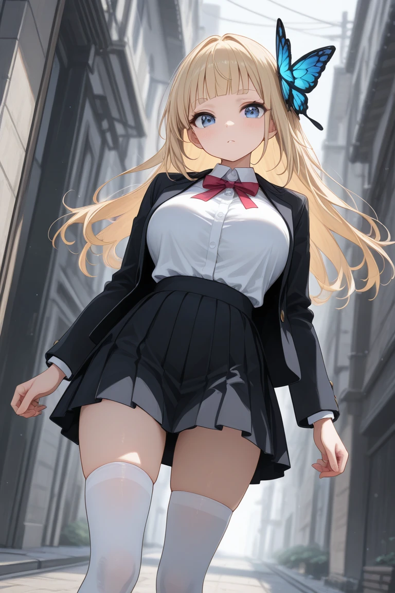  a cute, cool-looking girl , with waist-length blond hair that has square bangs hanging over the eyebrows.  Her notable accessories are twin butterfly-shaped ribbons on both sides of her head.  she has dark blue eyes ,  medium height , a well-endowed figure and large breasts .

  She is wearing a white shirt with a black blazer over the top,  pair of white thigh-high socks and a black skirt . 