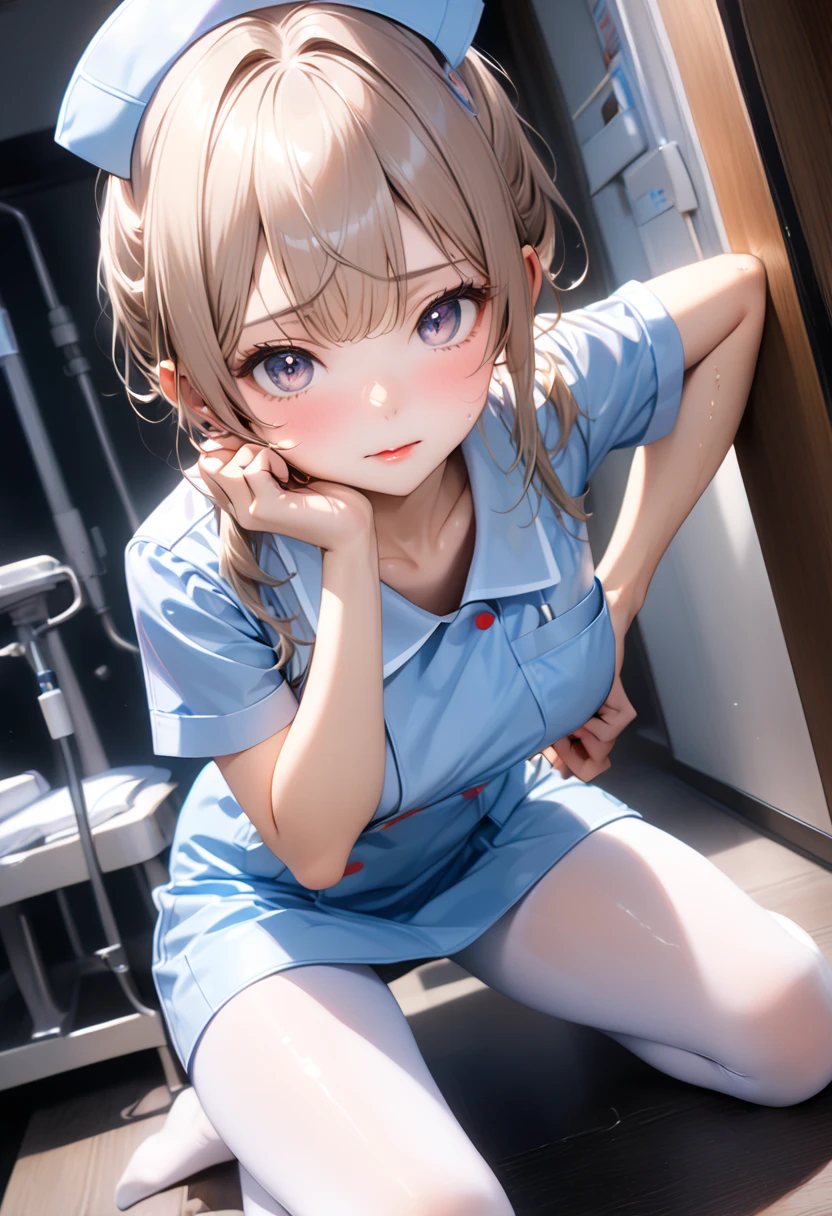 ((( nurse uniform ), (  white pantyhose ), ( shiny衣装))), skindentation, skinny, Alone,  female 1, Masterpiece,  best quality ,  best quality , 16k,  unbelievably ridiculous ,  VERY DETAILED, 2.5D, AI-generated,  delicate and dynamic,  Very Delicate Expression,  with a delicate gaze,  EROTIC, only  sexy woman, (( cute and kind face )), Healthy body shape, (( 25 year old woman)), Height: 160cm,  moderately stiff swaying bust, , sweat, embarrassing, sexy, (( Thin Thighs)), ( cameltoe:0.7), ( Visible nipples :0.3), ( erect nipples ,:0.7),  shiny, Facing the front ,  ((( heatstroke))), (( oily_skin)), (( Dutch Angle )), (( EROTIC pose)), ((Wankeen)), ,