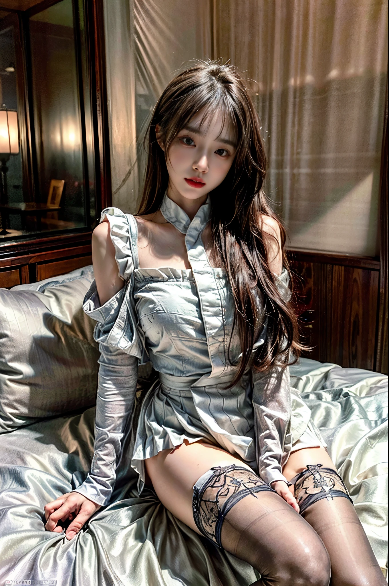 Asshole、Bare-skinned maiden、(long eyelashes),Lie face up、Hands in chains、(Off-shoulder translucent wet white blouse)、(Loose red tie)、((Translucent wet white panties)),Wet white-silver hair、(blue eyes)、(she is wet),((Panty Shot Mini Skirt)),(()),