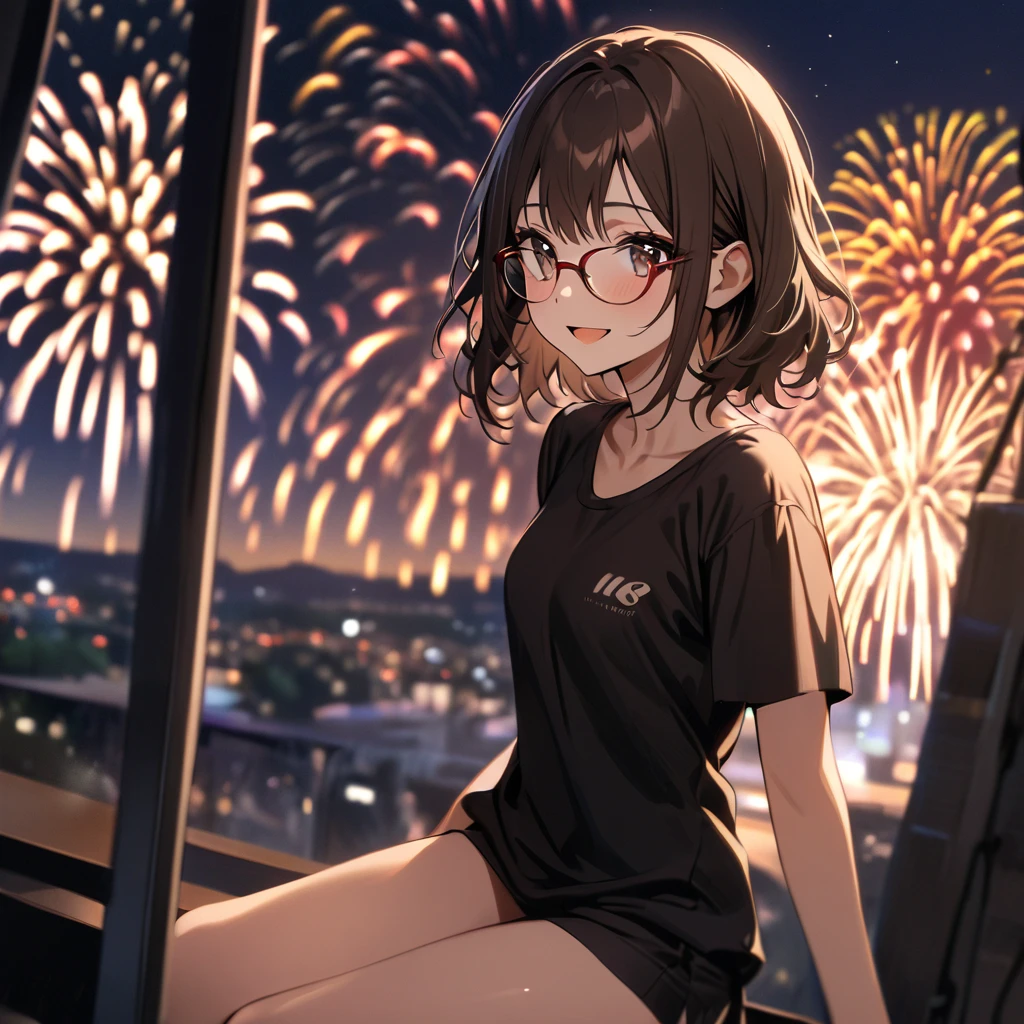 create an anime girl characters name Hikari Tanaka, This teenage girl has a well-proportioned height and physique. Her hair is short black and bobbed. Her eyes are yellow and her facial expression is happy. She is wearing comfortable casual clothes, including a T-shirt, jeans, and sneakers. She also wears glasses. She is Playing with fireworks at night. Night, fireworks, close up