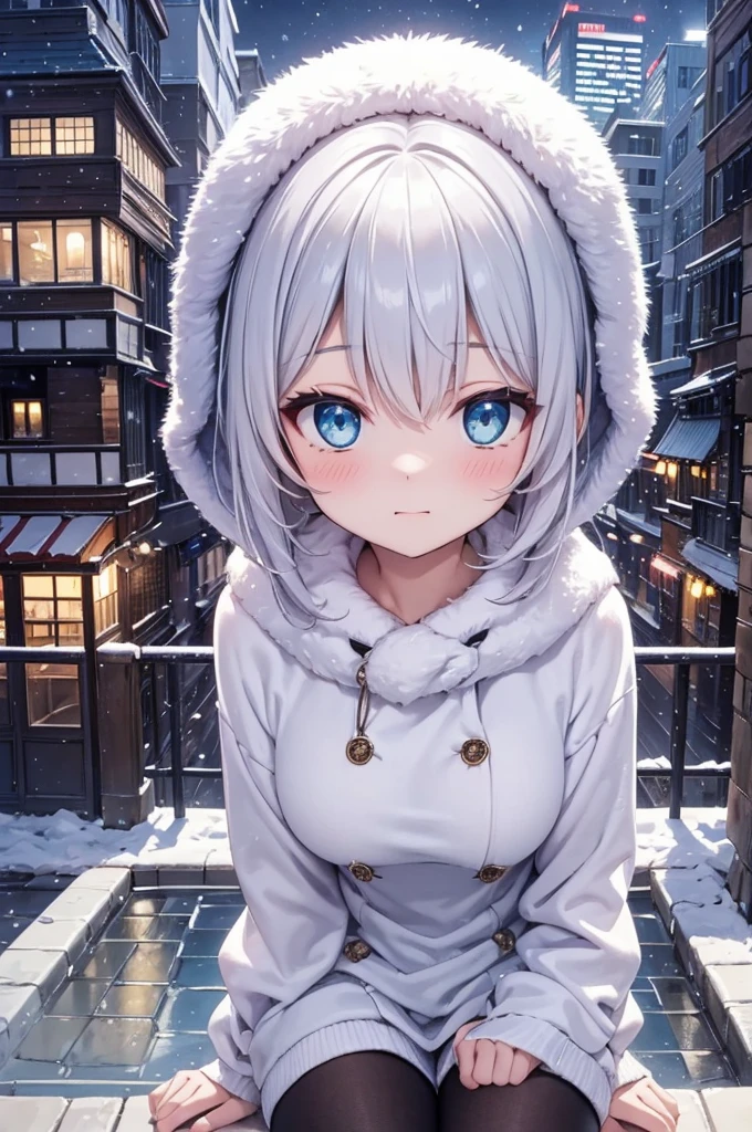 super fine illustration, best quality, 17-year-old beautiful girl, short cyan straight hair, cute winter outfit, striking black knee socks, blushing, slightly shy expression, looking directly at the viewer, girl's face as the main focus, background of a city with beautiful illuminations, sparkling cityscape, romantic and warm atmosphere, soft warm-toned lighting, highly detailed, anime style, 8K resolution