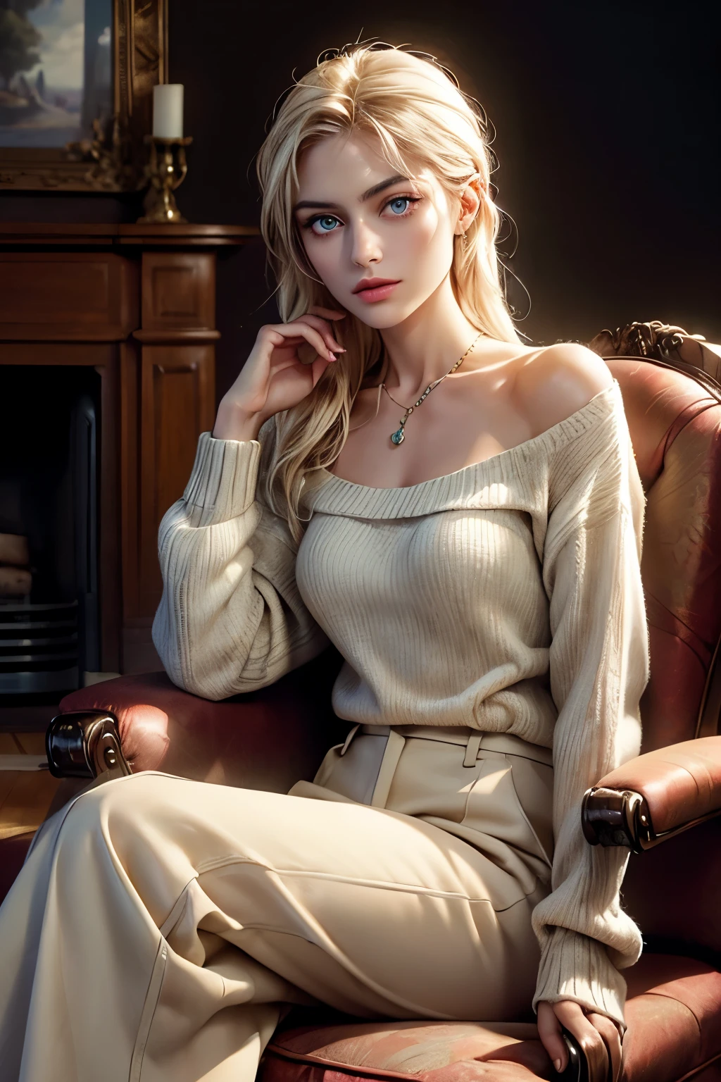 (best quality, masterpiece, 8K, photorealistic, cinematic lighting, 1:4 hdr image, ultra detailed, beautiful image), ((old)), Slender and graceful, carries herself with the refined elegance of someone used to high society, yet her presence feels approachable. Her oval face is framed by long, straight platinum blonde hair, loosely tucked behind her ears. Her large soft blue eyes carry an air of contemplation, her fair skin glowing under the soft ambient light. Dressed in a simple yet polite cream sweater and tailored beige trousers, she has a diamond pendant resting on her collarbone and minimal makeup, highlighting her natural beauty. sits on the armchair near the fireplace, her legs crossed. Behind her, the mantelpiece is decorated with framed family portraits, including one of husband, herself, and daughter during happier times.