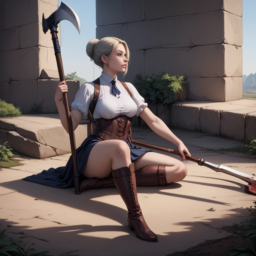 meimeijjk,holding a scythe,sitting on ground,detailed,