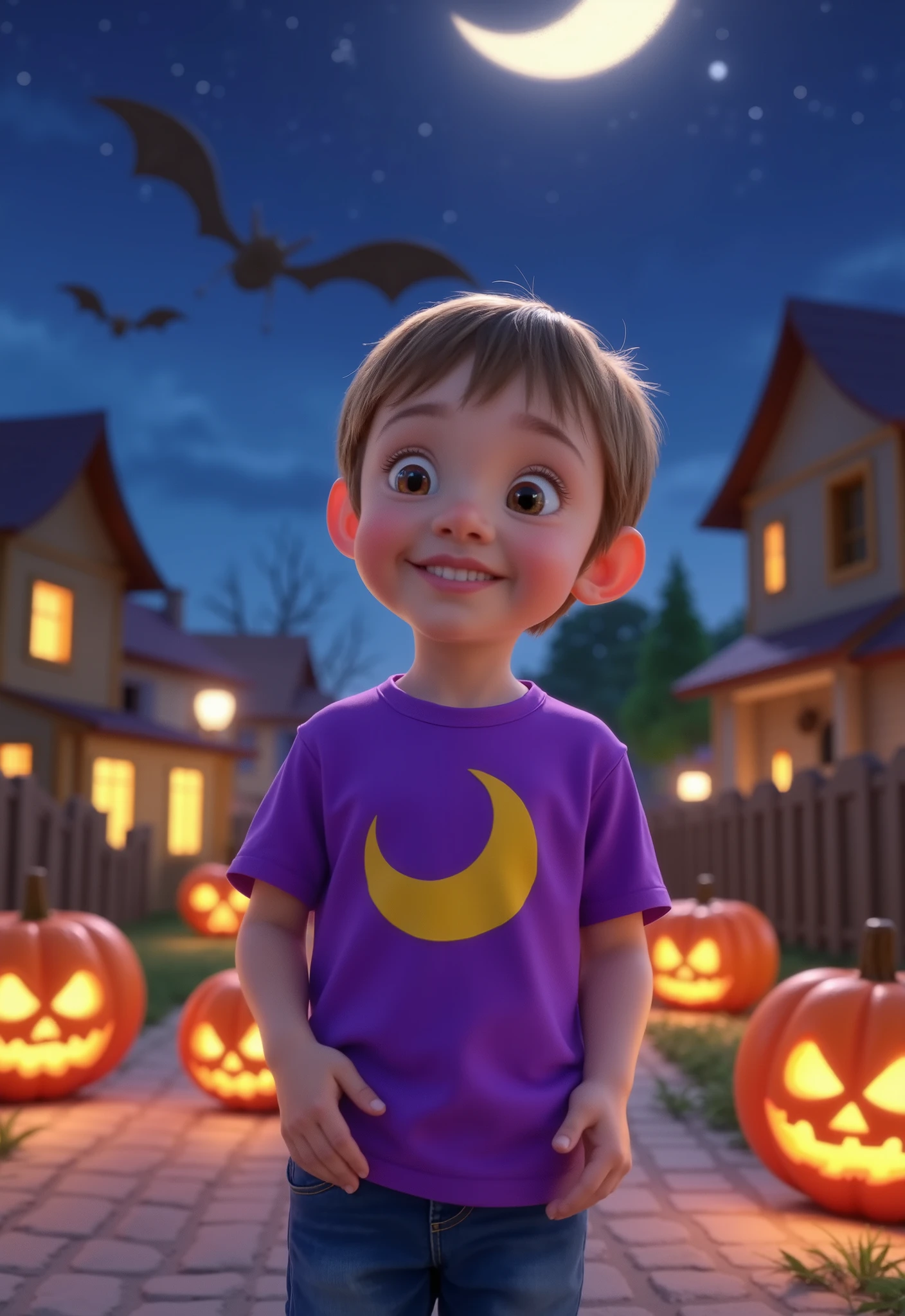 Disney pixar style. illustration of A young boy, ***, wearing a purple t-shirt with a yellow half moon graphic design, on halloween night. 