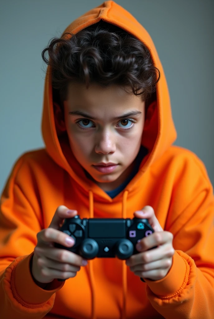 There is a brown sofa and a Indian boy with a fair skin with pimples on cheeks sit on the right side of the sofa with a gaming console. He is wearing a marron shirt with a black trousers. He is concentrated to the game. His face is almost similar to cillian Murphy. 