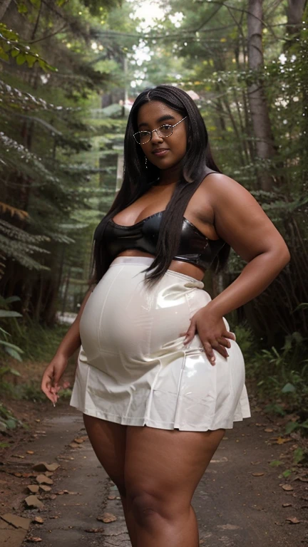 there is a woman with a white hair   a pregnant stomach with a brown purse over her shoulder with a Bage hat and top with white shorts standing close to trees and flowers  by a park