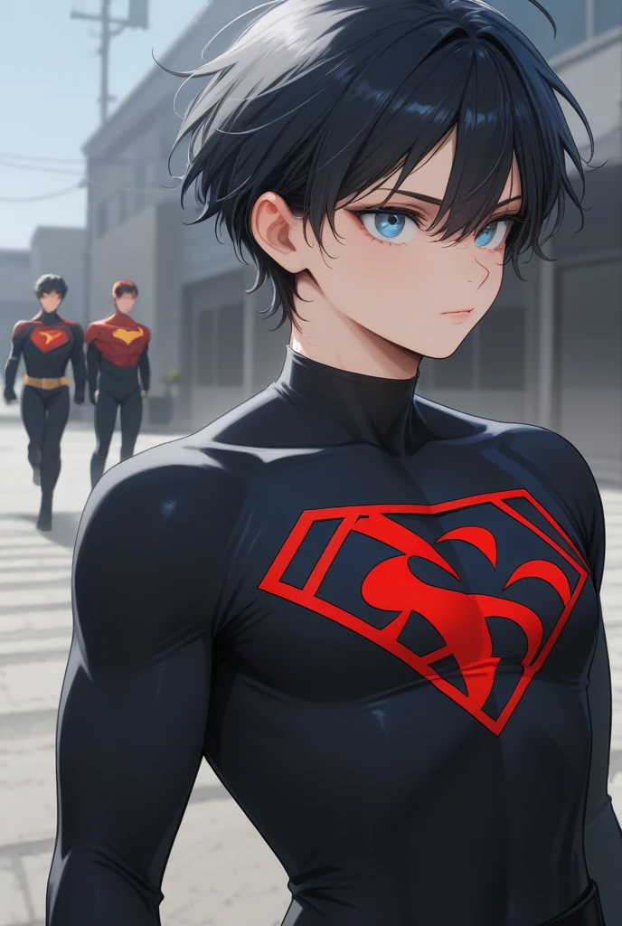  a young man with dark hair and blue eyes .  wearing a black superhero uniform with red accents (similar to Superboy ).