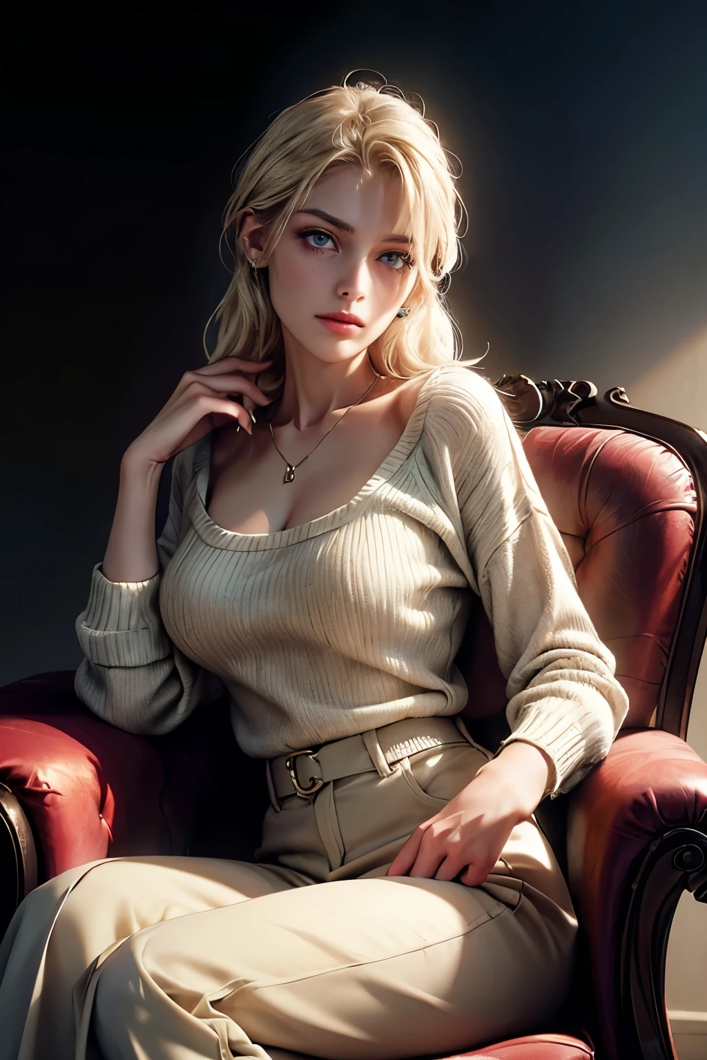 (best quality, masterpiece, 8K, photorealistic, cinematic lighting, 1:4 hdr image, ultra detailed, beautiful image), ((old)), Slender and graceful, carries herself with the refined elegance of someone used to high society, yet her presence feels approachable. Her oval face is framed by long, straight platinum blonde hair, loosely tucked behind her ears. Her large soft blue eyes carry an air of contemplation, her fair skin glowing under the soft ambient light. Dressed in a simple yet polite cream sweater and tailored beige trousers, she has a diamond pendant resting on her collarbone and minimal makeup, highlighting her natural beauty. sits on the armchair near the fireplace, her legs crossed. Behind her, the mantelpiece is decorated with framed family portraits, including one of husband, herself, and daughter during happier times.