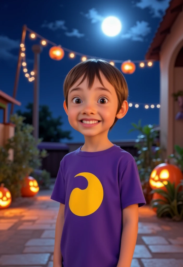 Disney pixar style. illustration of A young boy, 5yo, wearing a purple t-shirt with a yellow half moon graphic design, on halloween night. 