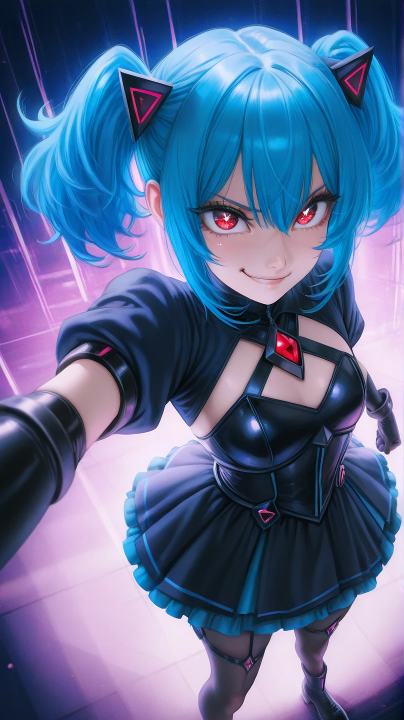 Anime style, One person, Twintails haircut, blue hair, black elbowgloves, black stockings, smirk, big eyes,