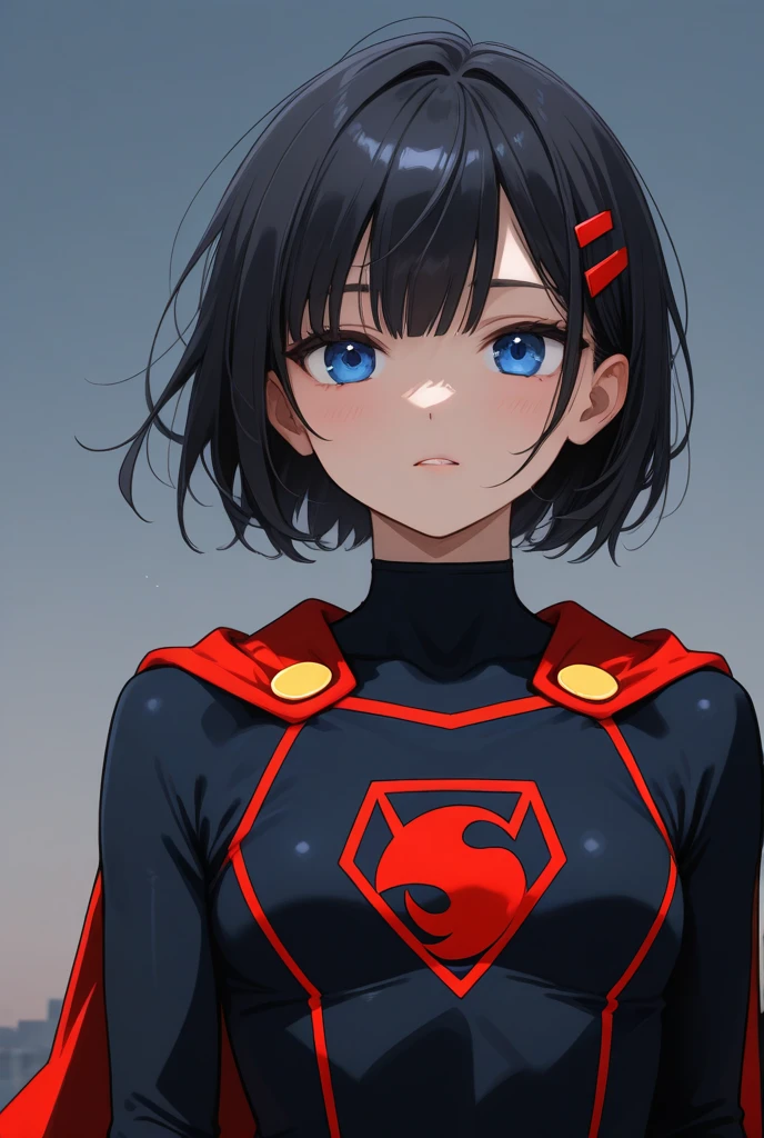  a young man with dark hair and blue eyes .  wearing a black superhero uniform with red accents (similar to Superboy ).