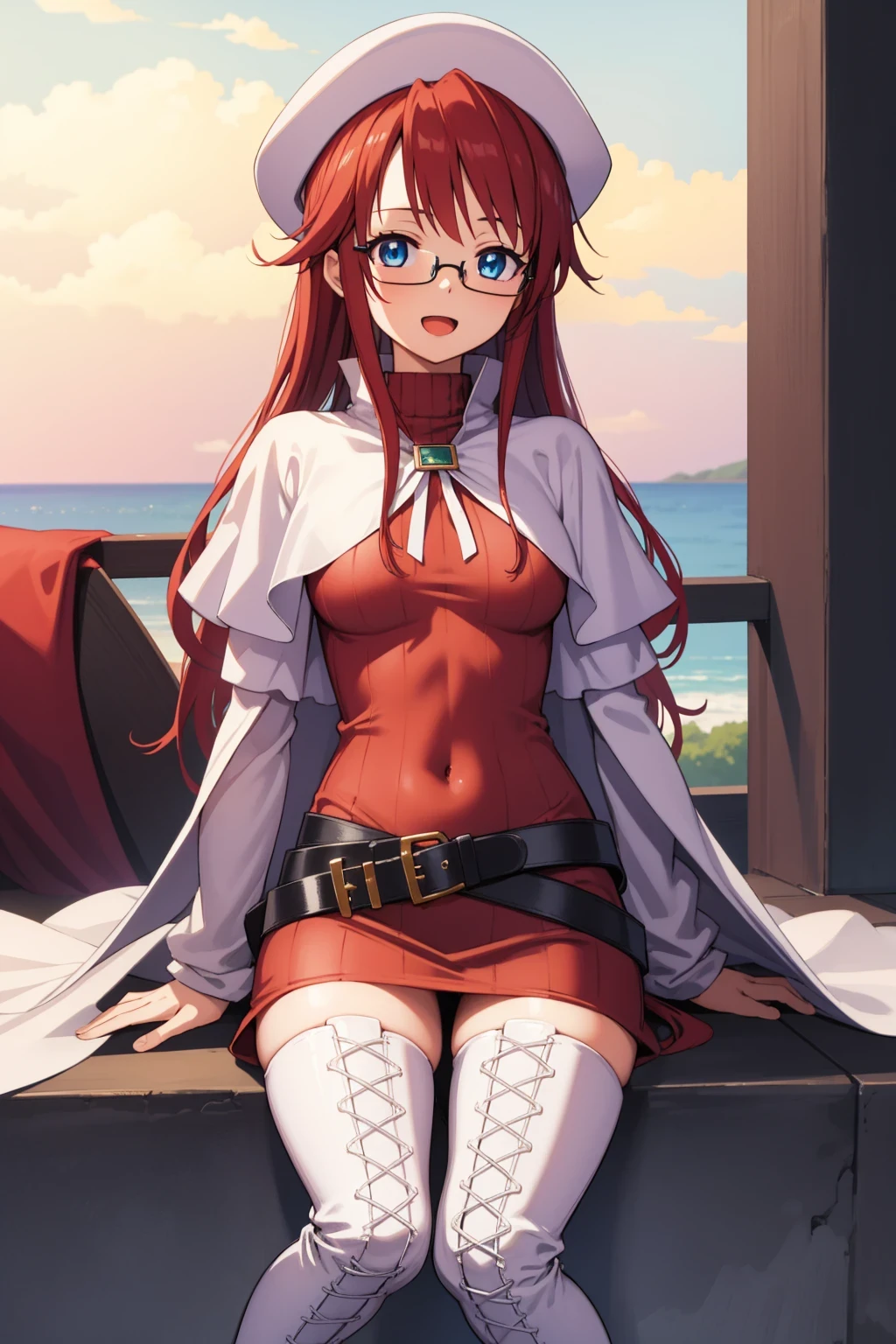 summonnightaty, aty, (young:1.3),long hair, blue eyes, red hair, big_tits, hat, glasses,
BREAK long hair, thighhighs, hat, dress, naked_legs, glasses, belt, cape, sweater, zettai ryouiki, beret, thigh boots, white footwear, ribbed sweater, loose belt,solo,
BREAK outdoors, fantasy,on_beach,
,Highquality_hads,perfect_fingers,
BREAK (masterpiece:1.2), best quality, high resolution, unity 8k wallpaper, (illustration:0.8), (beautiful detailed eyes:1.6), extremely detailed face, perfect lighting, extremely detailed CG, (perfect hands, perfect anatomy),covered_nipples,covered_navel ,half_eyes,long_sword,sleepy,red_sweater,apart_knees,magical_effect,spread_legs, have_a_book,teacher,rise_knee,Smile,rise_hand,look_down_viewer,spread_arms,sea​_waves,looking_into,blue_sky,plump,open_mouth, dynamic_posing,solo,