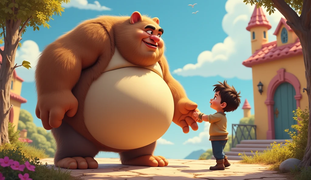 Big Men, men furry design character, furry German shepherd dog, he has big muscles and beard, his body is very big and buff, he wears shorts, .he is a father, dad, daddy, the character Is a Boyfriend, he Is hugging a boy, the boy has black hair and a blue t-shirt
