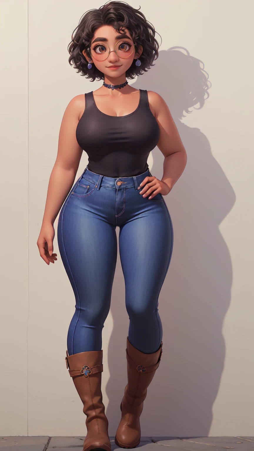 Dressed in tight blue jeans, bbwchan, sexy look, goddess, 40s, woman, milf girl, 40s, wearing black long sleeve top, Oppai, Oppai, beautiful woman, smiling, full body, 8k resolution, hair tied in high bun , huge thighs, white skin, 8k resolution, very detailed face, full body
