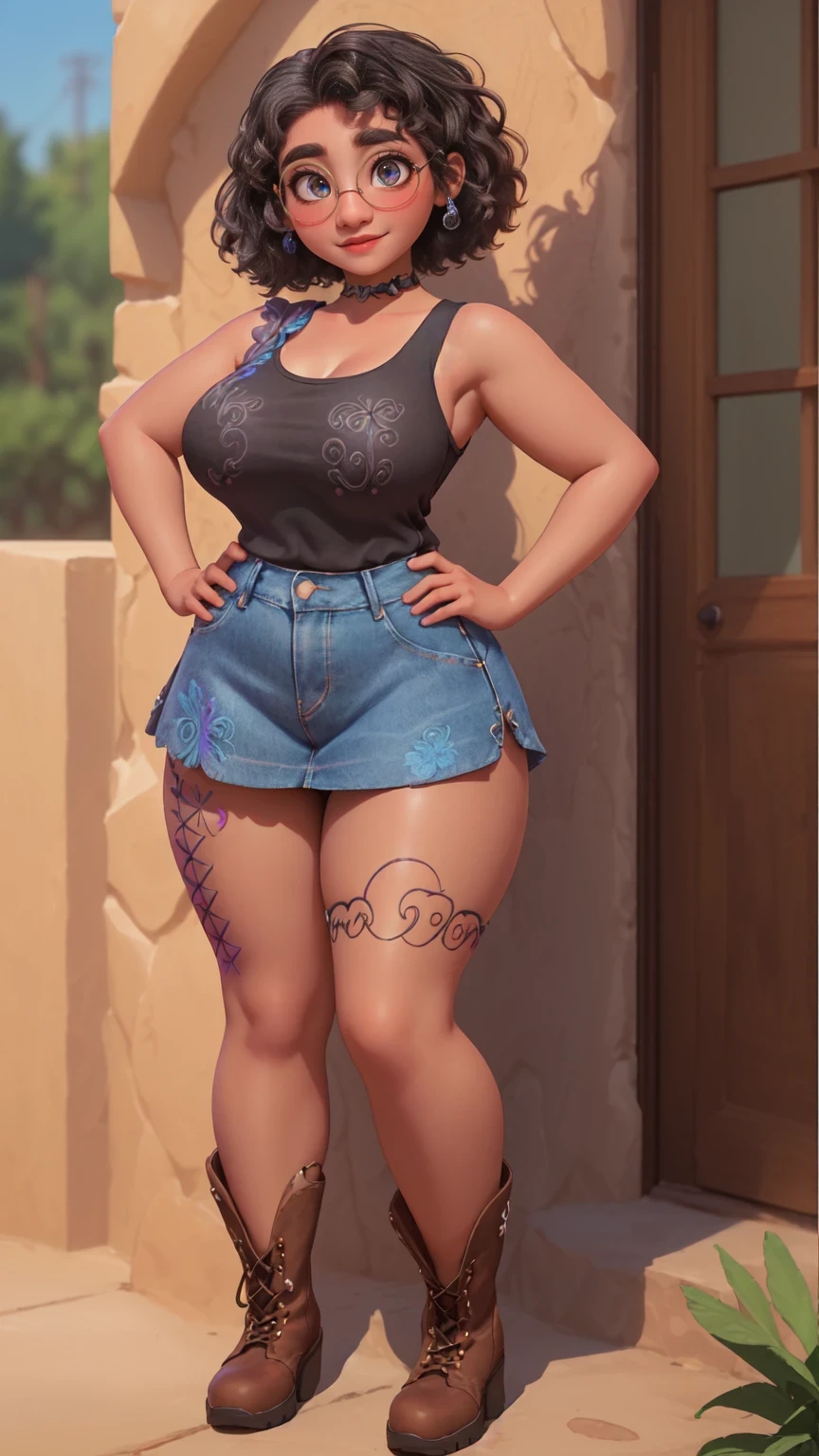 photorealistic, high resolution, soft light,1women, solo, wide hips, (detailed face),tattoo, jewelry, , , blue and green hair Color , (closeup), wide angle,, (busty), armpit , Slightly fat belly, large breasts, full body angle, 40 years old woman , thick thighs , thick arms , standing in dark rooms, short pants, wearing a three bracelet, wearing two diamond necklace , wearing a watch, wearing airmax shoes , japanese goddess, wavyshort hairstyle, fat belly, thick fat belly, thick wide hips, thick arm, bbwchan, massive arm, full body,