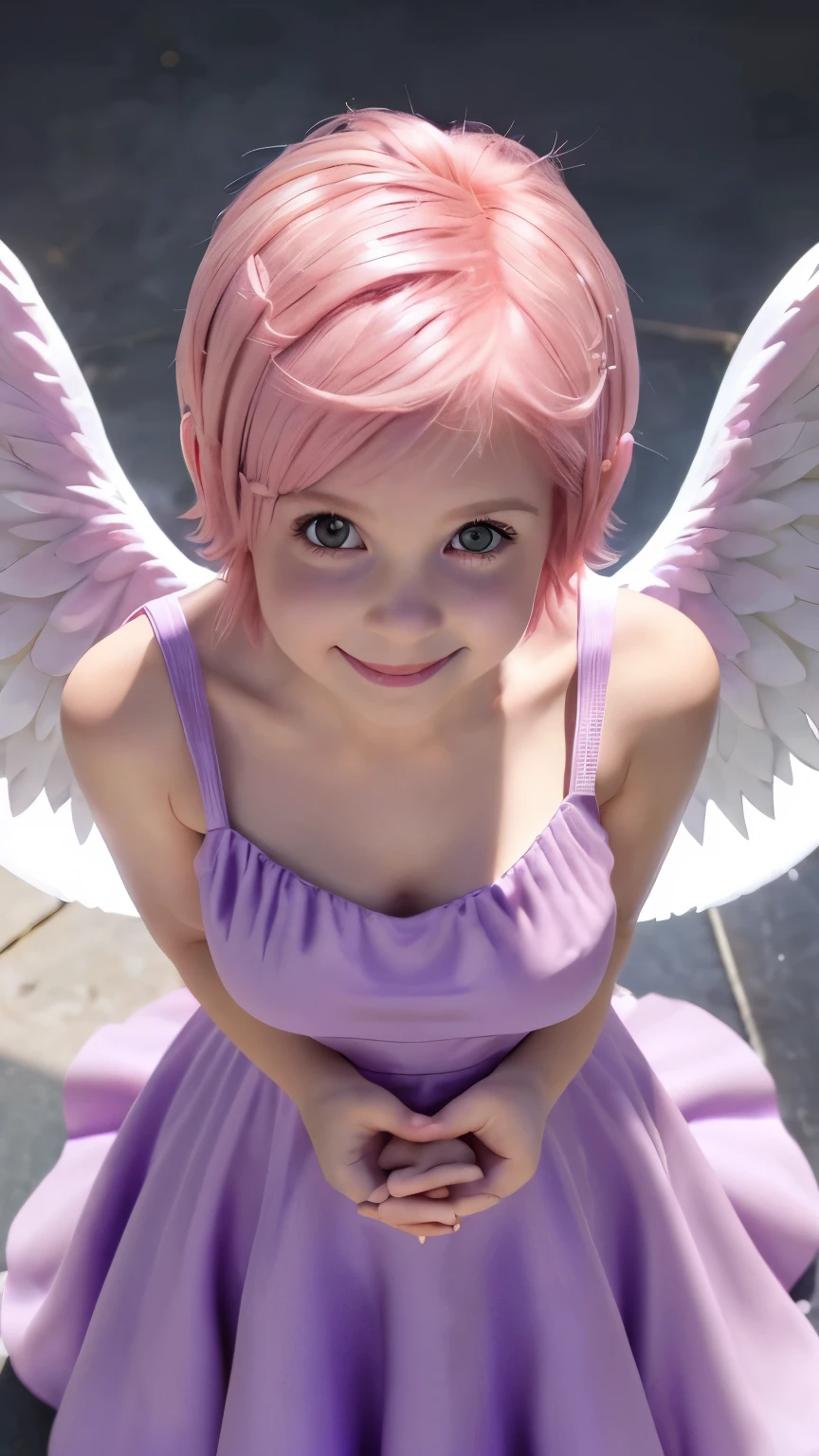 beautiful girl cupid, facing straight at viewer, body facing front at viewer, smile, angelic glowing eyes, blonde, Angel wings on the back, from above:1.2,((( Short pink hair))), A soft, (((tight purple dress))), Prayer-like pose, photorealistic, perfect hands