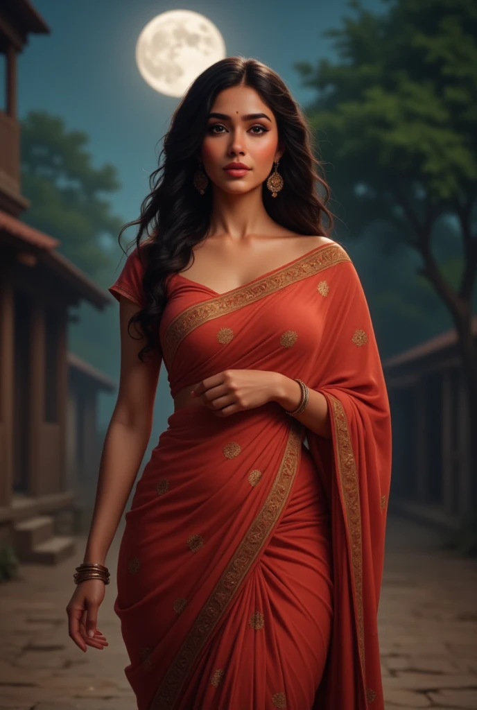 Numerous award-winning masterpiece, with incredible detail, textures and maximum detail), (hyper realistic:1.4), (full-body image:1.6),(beautiful Indian female:1.7), walking on village street,(model photography pose:1.5), {{full body head to toe}} (32 sexy curvy body:1.5), (reddish fair skin tone:1.3), (wearing saree and off shoulders tight blouse:1.2), ) (black long hair blown by the wind:1.2) (wind effect) (best quality real texture skin), (finely detailed true circle eyes), (finely Detailed and beautiful face that is out of this world:1.6), (The challenging look of the proud warrior), (She has serious gaze in her eyes and a grin on her face:1.3), (Beautiful eyes that sparkle and shine), (Dramatic moon Light),(A majestic sight), (((dramatic photo))),(night time), ((dramatic pose)), (flamboyant photo), (golden hair), epic realistic, faded, art, (art station:1.5), cinematic,(hdr:1.5), hyper detailed, dramatic light, (intricate details:1.1), {{Forest}} background