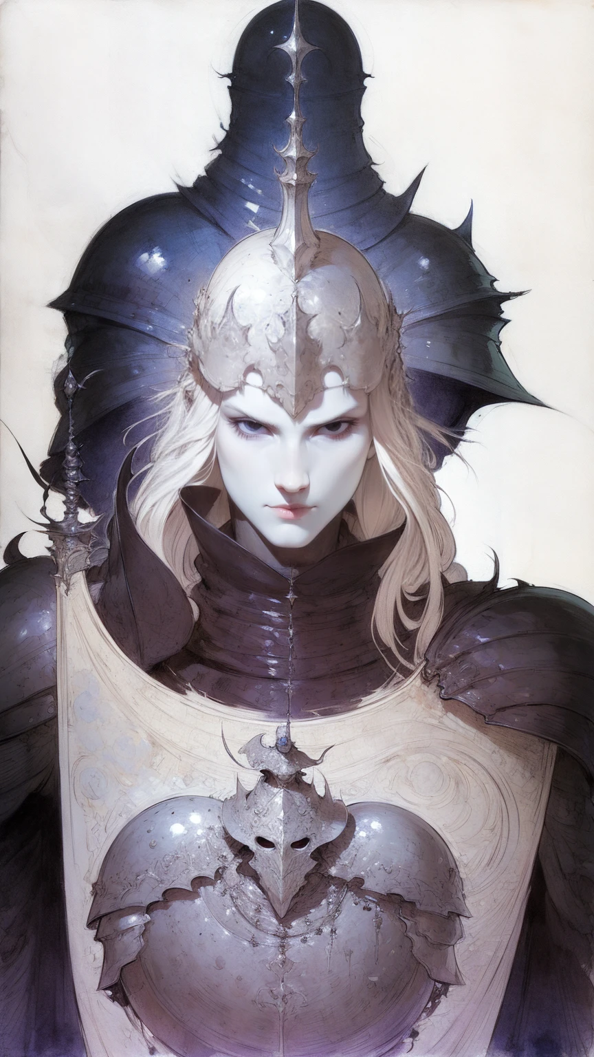 Female Knight、 white background、Accessories、Line Drawing、Light Color、Black Armor、 Iron Mask 、Fantasy、 Alphonse Mucha、White skin、coper cladding、sketch、 Thick Line 、Pictorial、 Crow's Feathers、Delicate touch、Castle in the Sky、Pencil drawing、Blue Moon、 Moon Castle 、 Black Sword 、