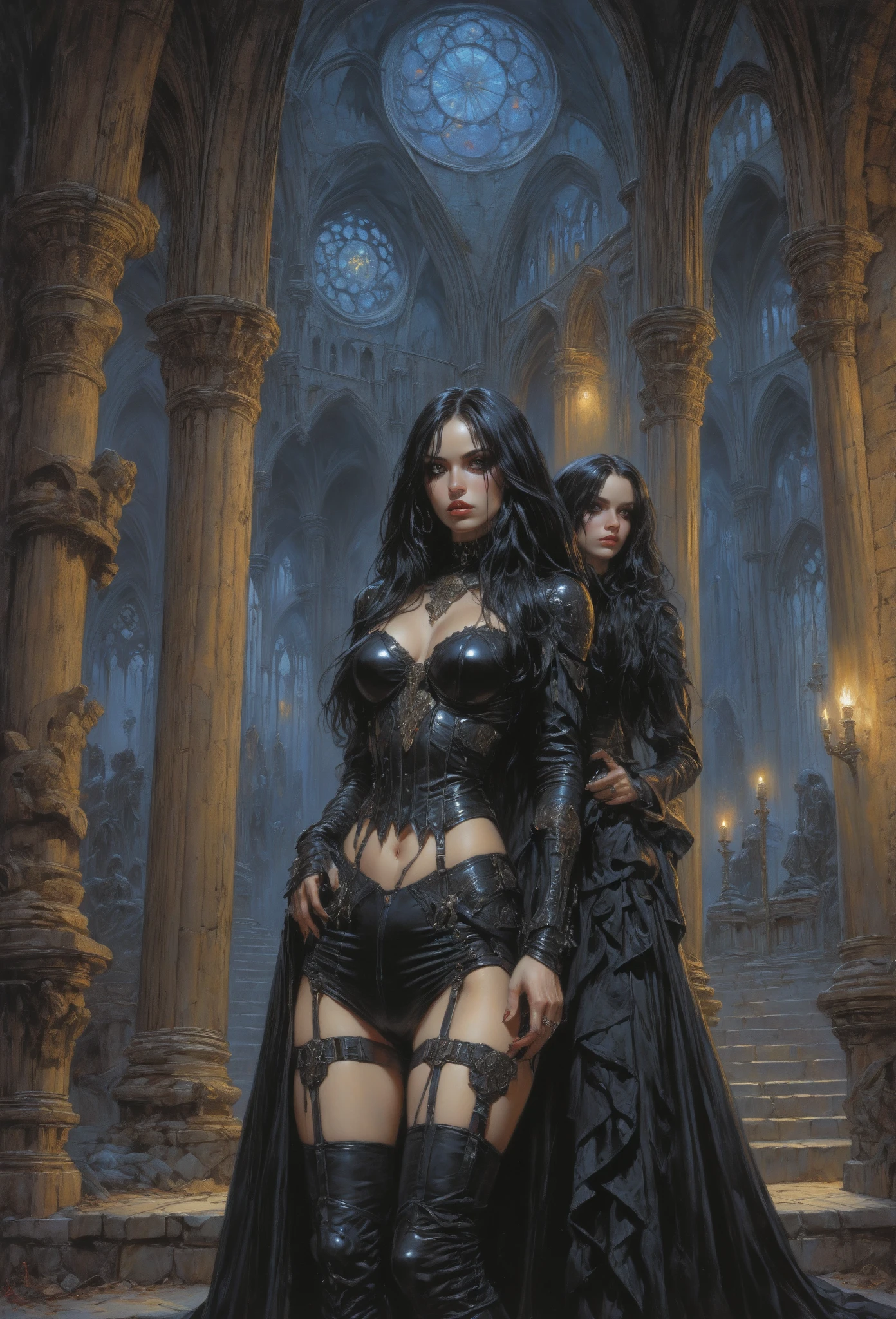 A seductive witch with long black hair and flowing robes, surrounded by intricate steampunk decor in a dimly lit club, sips a mysterious potion as she shares a table with the Grim Reaper, whose dark cloak and scythe cast ominous shadows. The air is filled with a mix of magic and danger, with gears and cogs adding a mechanical twist to the supernatural scene.