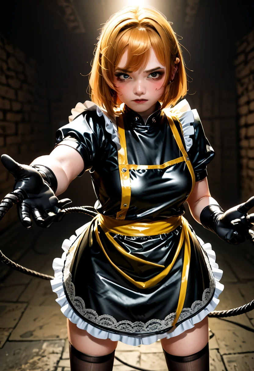 ultra,  The highest quality image ,  artistic masterpiece.  The Japanese-looking girl ,  heavenly beauty , 18+. arrogant, very angry, dissatisfied. copper hair ,  maid bandage .  Black lace latex dress ,  black lace latex skirt ,  black latex stockings ,  black latex gloves,:   (Yellow latex lace apron) .  No naked body . Standing in a dark ,  raw dungeon.Holds a black weapon:1.2 , whip ping:1.2, cutting:1.2 , whip:1.2, fighting stance:1.2,((( whipping:1.2, motion blur:1.2 ,  path motion:1.2 ))), arms outstretched :1.2, doyagao , incoming vertical whip:1.2 , incoming horizontal whip:1.2