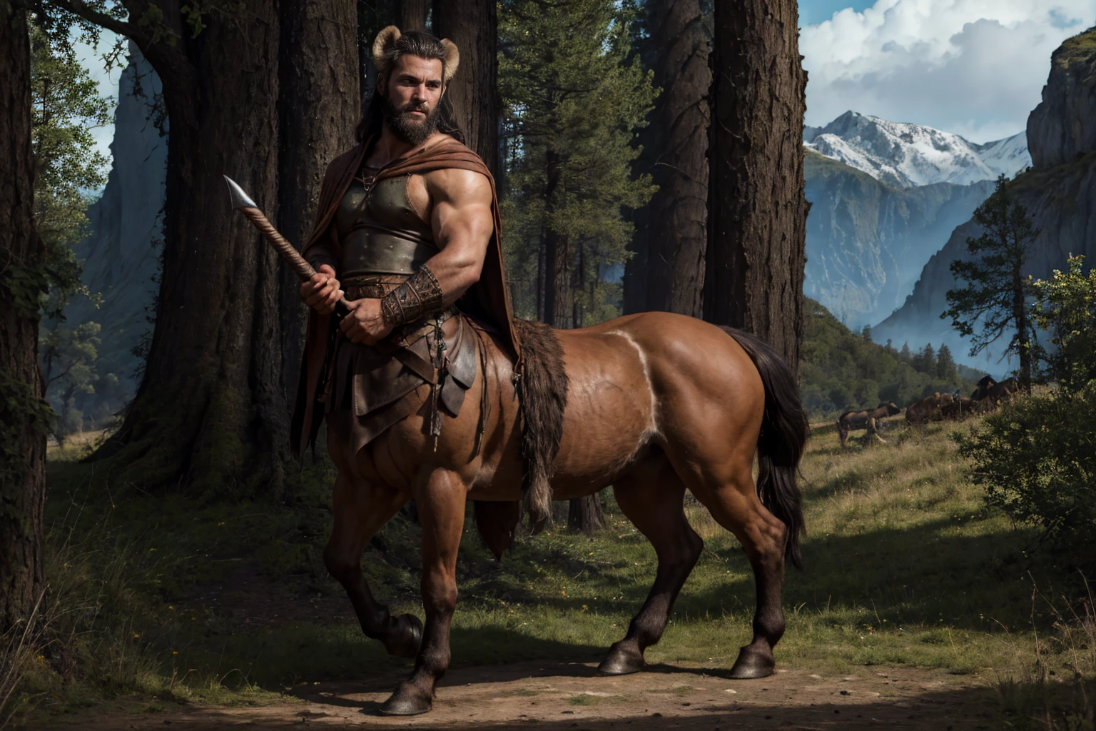  masterpiece,  better quality,  portrait of a man , Centaur,  extremely detailed,  looking at the viewer, brown bear, stoic,  black hair, beard, ragged clothes, strong, Shaman, tribal, leather, animal  to hide , horse, hooves,  to hide , Druid magic , Naturaleza,  full body , standing, viking