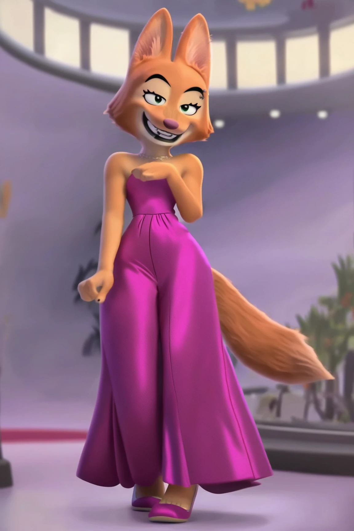 Detailed and realistic portrait of diane foxington in little Tokyo, dress, orange body, black lips, eyelashes, eyebrow piercing, realistic proportions