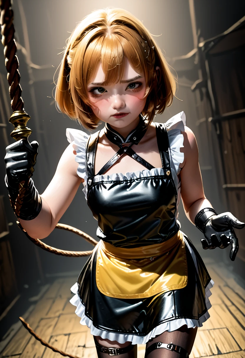 ultra,  The highest quality image ,  artistic masterpiece.  The Japanese-looking girl ,  heavenly beauty , 18+. arrogant, very angry, dissatisfied. copper hair ,  maid bandage .  Black lace latex dress ,  black lace latex skirt ,  black latex stockings ,  black latex gloves,:   (Yellow latex lace apron) .  No naked body . Standing in a dark ,  raw dungeon.Holds a black weapon:1.2 , whip ping:1.2, cutting:1.2 , whip:1.2, fighting stance:1.2,((( whipping:1.2, motion blur:1.2 ,  path motion:1.2 ))), arms outstretched :1.2, doyagao , incoming vertical whip:1.2 , incoming horizontal whip:1.2