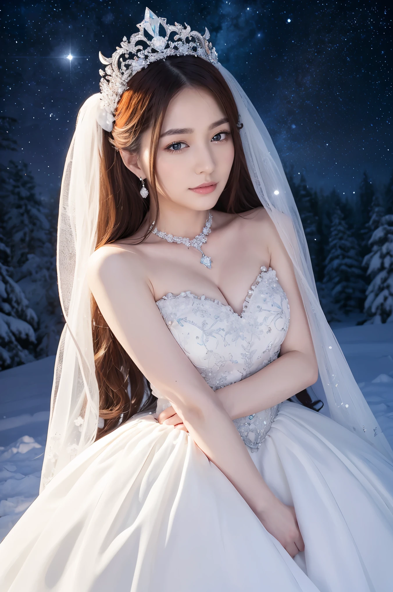 ((highest quality、table top、8K、best image quality、extremely complex and detailed depiction))、The most luxurious and highest quality giant tiara、The most luxurious and highest quality giant necklace、Yukihime、(雄大で美しいsnow forestの中で:1.1)、big and full breasts、skin as white as snow、glowing skin、Dresses それ shine in silver、Elegant and beautiful pure white snow dress、elegant decoration、Diamond decoration、artistic decoration、dress with lots of jewels、Luxury beyond imagination、the most luxurious decoration in the world、shining snow、Shining blizzard、Fantastic snowscape、Snow like a jewel、Diamond dust、The most realistic and complex background、Highly detailed and realistic background、A cold, expressionless face stares at me、(pure white skin:1.1)、Pure white makeup、(accurate anatomy:1.1)、Photo above the waist、キラキラと微細にshining snow、epic movie lighting、the most delicate sparkle of snow、tree covered with snow々、beautiful tree covered in snow々、(Beautiful fantastic orange and purple starry sky:1.2)、fantastic starry sky、starry sky in snowy mountains、It&#39;s snowing、snow forest、(There is a beautiful clear pond in the distance.:1.2)、jade eyes、(the most fantastic and romantic:1.1)、blurred background、portrait photography