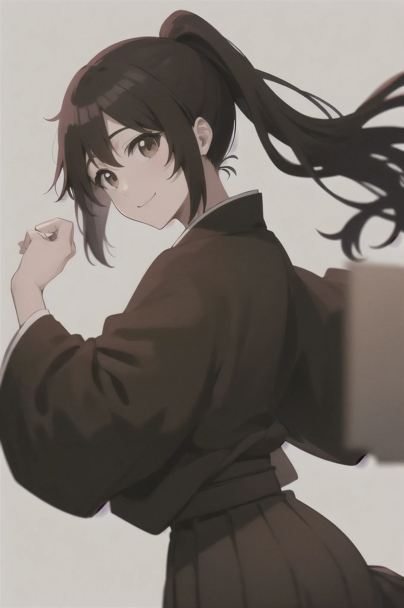 Masterpiece, best quality ,
from the side 1 girl , romantic love, black hair, ponytail, Van Cover, brown eyes, kimono, Black Hakama, black kimono ,I'm wearing a white sleeveless coat
smiling, Alone, looking, simple background, white background