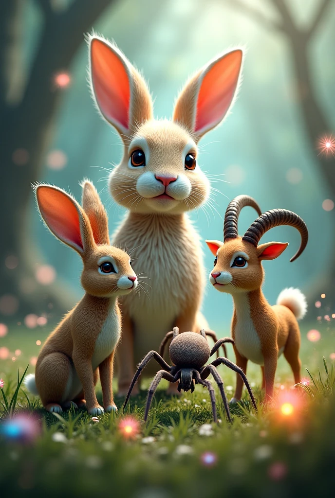 In the heart of a magical forest, Mia, a curious white rabbit rabbit with soft, white fur and floppy ears, hopped through the tall grass, exploring with her friend Squeaky, a playful brown squirrel with a bushy tail.