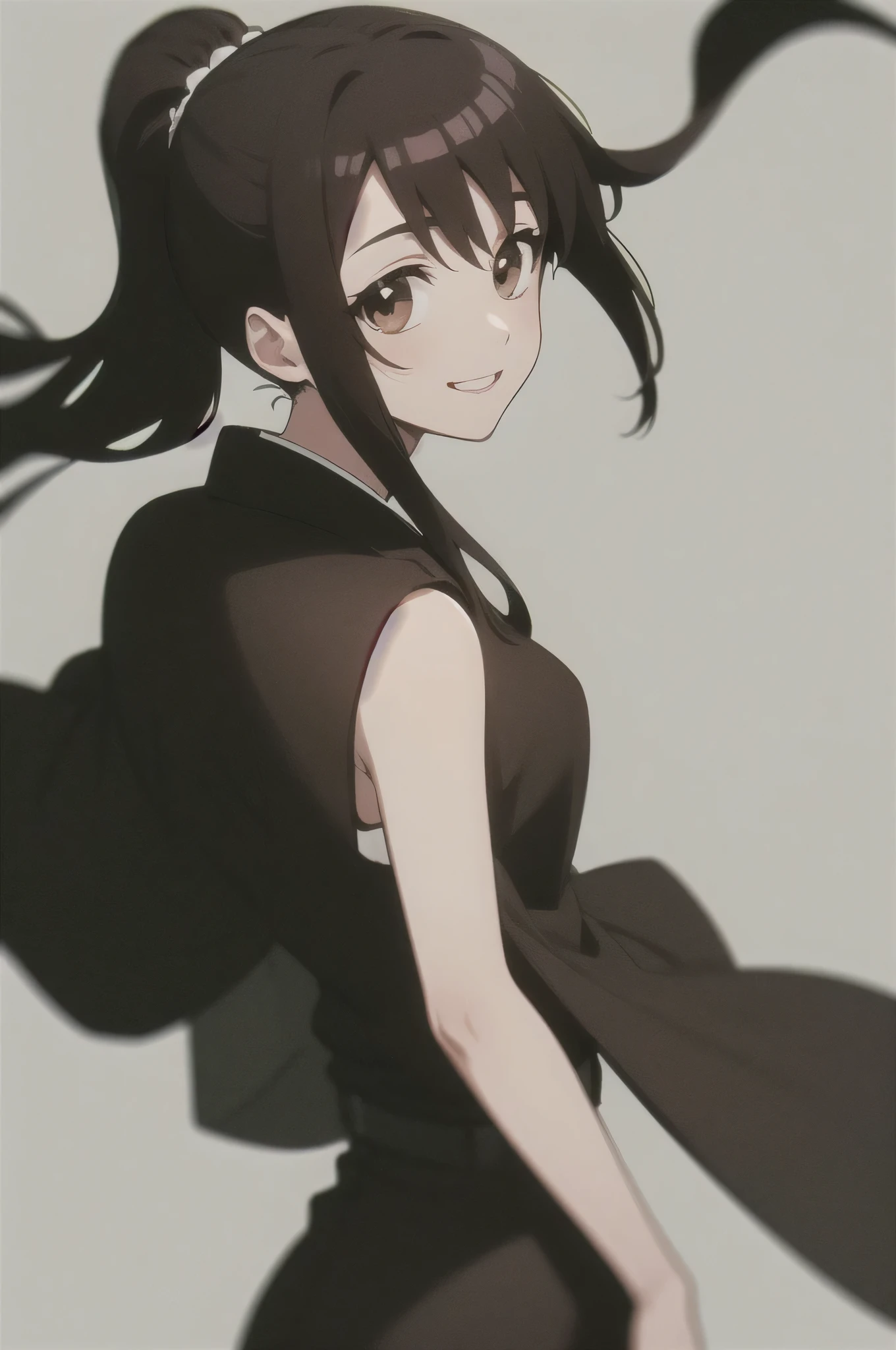 Masterpiece,  best quality ,
 from the side 1 girl ,  romantic love,  black hair, ponytail, Van Cover,  brown eyes, kimono, Black Hakama, black kimono ,I'm wearing a white sleeveless coat
smiling, Alone,  looking,  simple background,  white background     