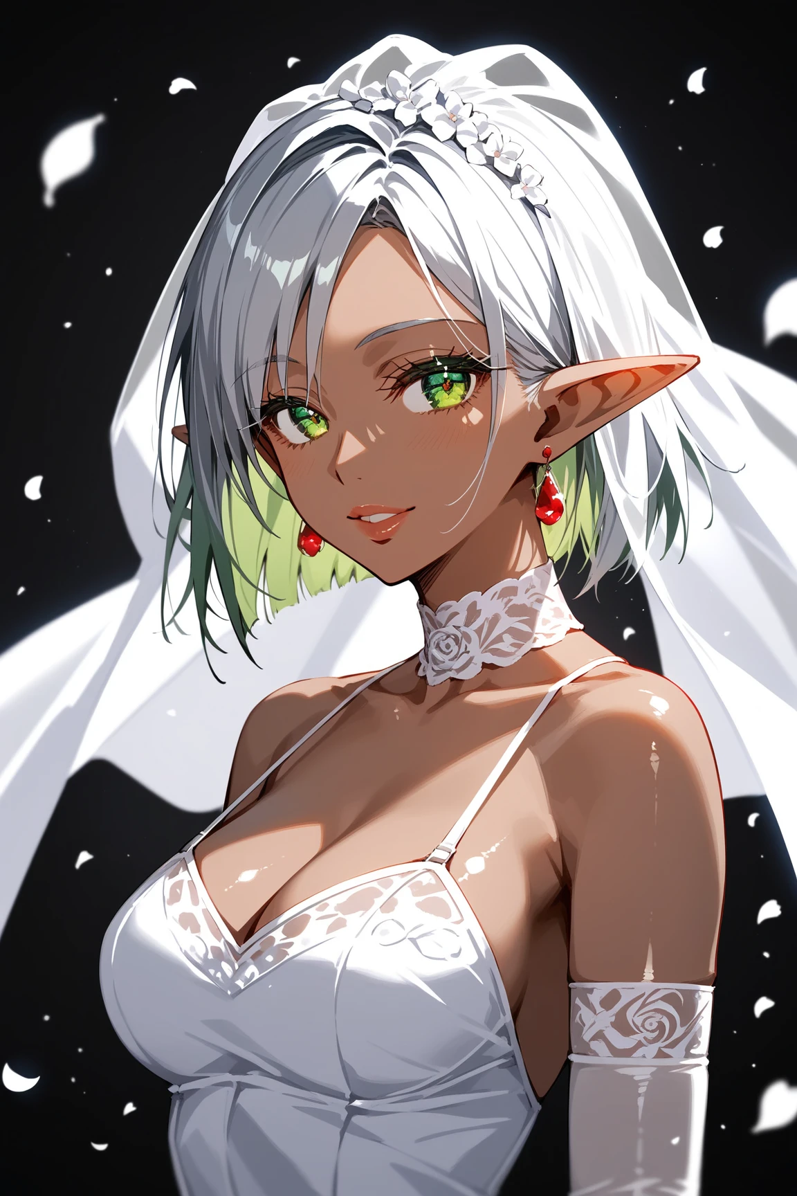 score_9, score_8_up, score_7_up, score_6_up, score_5_up, score_4_up, rating_safe, source_anime, 1girl, solo, female dark elf, artist:morisawa_haruyuki, artist:kurokawa_heuy, artist:yeurei, silver bob cut Hair, green eyes, Delicate and perfect brushwork, (beautiful eyes, details eyes, narrow black pupil, green iris, long eyelashes), pointy ears, Shiny skin, Glossy lips, plump lips, medium breasts, seductive smile, lips slight aparted, BREAK, pure white wedding dress with intricate embroidery, no veil, bare shoulder, beautiful clavicle, pure white silk choker, pure white silk evening gloves, accessories, (Red earrings:1.3), floating petals, upper body, jet black background, professional lighting, cinematic lighting, 