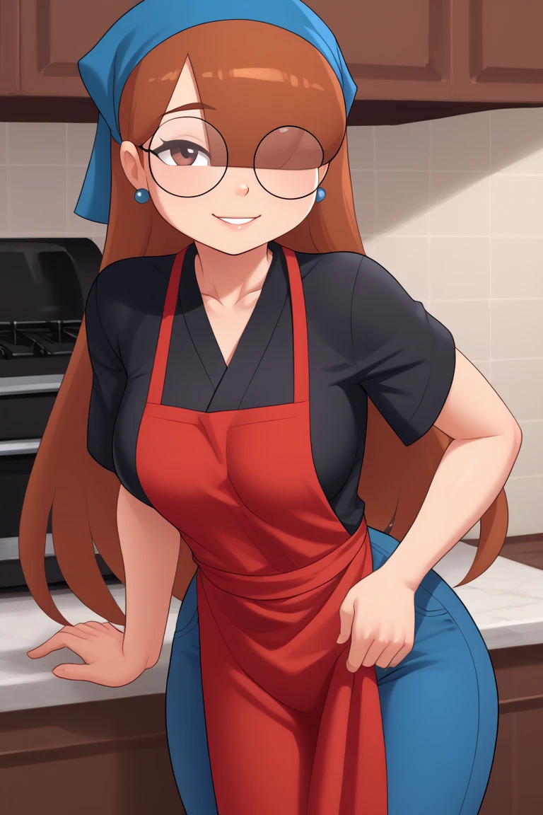 score_9, score_8_up, score_7_up, score_6_up, score_5_up, score_4_up, 1girl, solo, rating_explicit, source_cartoon, Emma_Donchibi_Style, red-brown hair, hair over eyes, blunt bangs,
black-framed eyewear, brown eyes, circular rim glasses, round eyewear, hair over one eye, long hair hairband, earrings, perfectly round breasts, wide hips, 
beautiful, sexy, cute, medium breasts, standing, smile, fca style, half body, eyebrows, red apron, japanese clothes, kimono, black shirt, blue pants, blue head scarf,short sleeves, indoor, sexy pose, smile, looking at viewer,