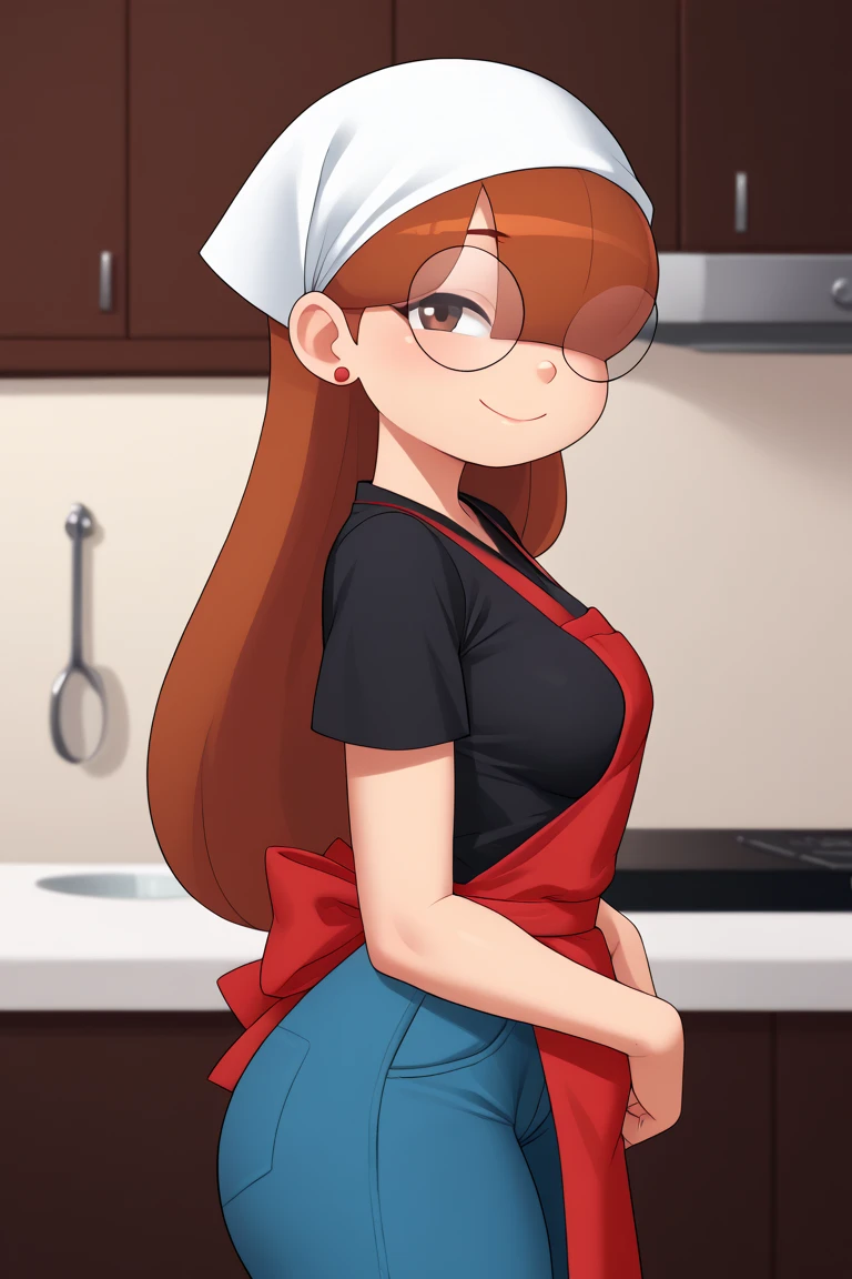 score_9, score_8_up, score_7_up, score_6_up, score_5_up, score_4_up, 1girl, solo, rating_explicit, source_cartoon, Emma_Donchibi_Style, red-brown hair, hair over eyes, blunt bangs,
black-framed eyewear, brown eyes, circular rim glasses, round eyewear, hair over one eye, long hair hairband, earrings, perfectly round breasts, wide hips, 
beautiful, sexy, cute, medium breasts, standing, smile, fca style, half body, eyebrows, red apron, japanese clothes, kimono, black shirt, blue pants, blue head scarf,short sleeves, indoor, sexy pose, smile, looking at viewer,