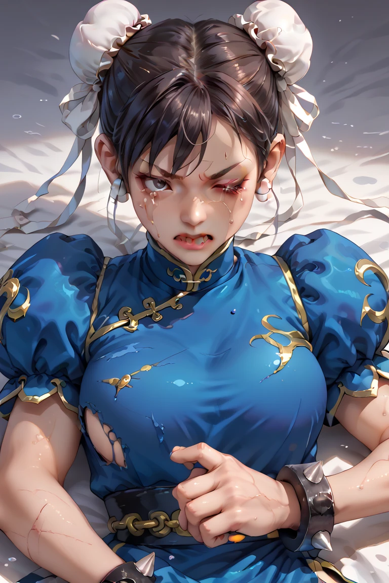 (1girl),(upper body focus:1.5),(master piece, best detailed, high resolution), NSFW,violence.gore,chun-li, sf2 chun, milf, hair buns, covered buns, chinese dress, qipao, blue outfit, puffy sleeves, white belt, huge obscene breast, breast cleavage, teardrops,BREAK,injury, abused, open_mouth,(Crying, Weak and Tired Eyes, Tears: 1.2),( Bruises and blood stains on the face and body, blood flowing from the head and face, injuries and injuries to the body, wounds and cuts, bleeding lips: 1.2), (torn clothes, tattered clothes: 1.2), blood stains on clothes,meatshield style、BREAK,(tied_both_arms_up:1.3), arms hanging from the ceiling, wall shackled,bound arms, tied against wall,water, water torture, water execution, small small water pit,water_torture,(meatshield style),guro