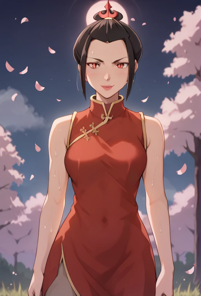 Score_9, Score_8_up, Score_7_up,Azula,Red eyes,smile,Purple long hair, Hirokazu Koyama ,Cowboy Shot,Sweaty,sexy,Pixel Perfect,Large Breasts,Anatomically correct, masterpiece, Very detailed,Outdoor,8k, (background,Cherry Blossoms at Night,big red moon,Detailed),(Fits your body,Chinese dress,Sleeveless,Long hem,There is a slit,blue),Spread your arms,Composition looking up from below,Look at, A seductive smile, 