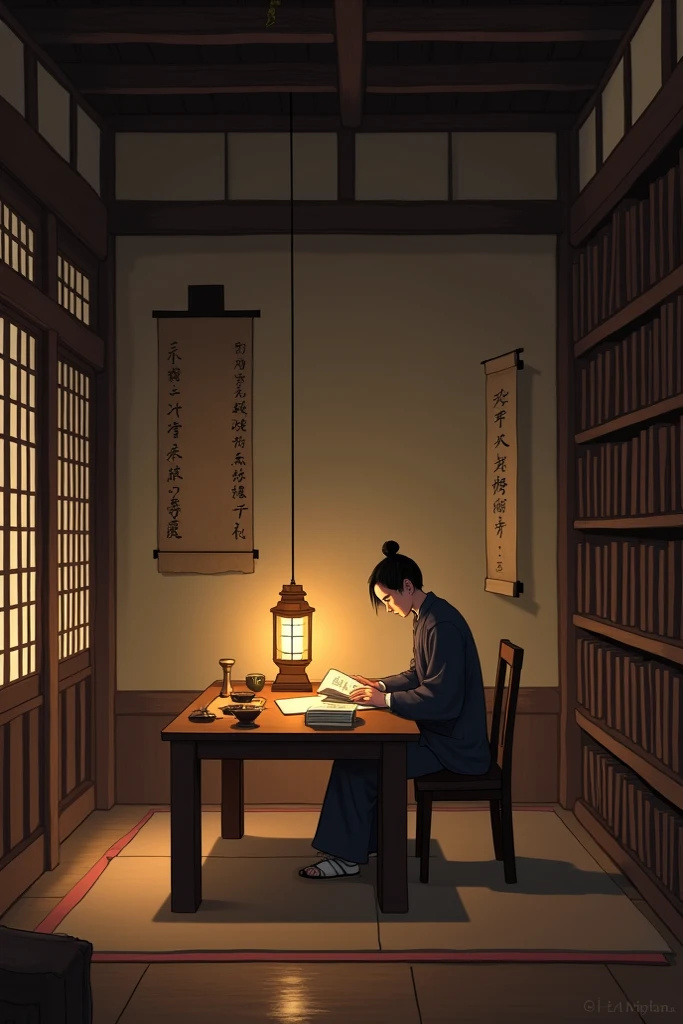 Inside an old Japanese house、In a quiet, light-filled room、Miyamoto Musashi sitting on the floor『Book of Five Rings』He is writing。In his hands was a scroll unfolded、The brush runs smoothly across the paper。Scrolls and books are lined up around it.、Outside the window is a tranquil garden.。