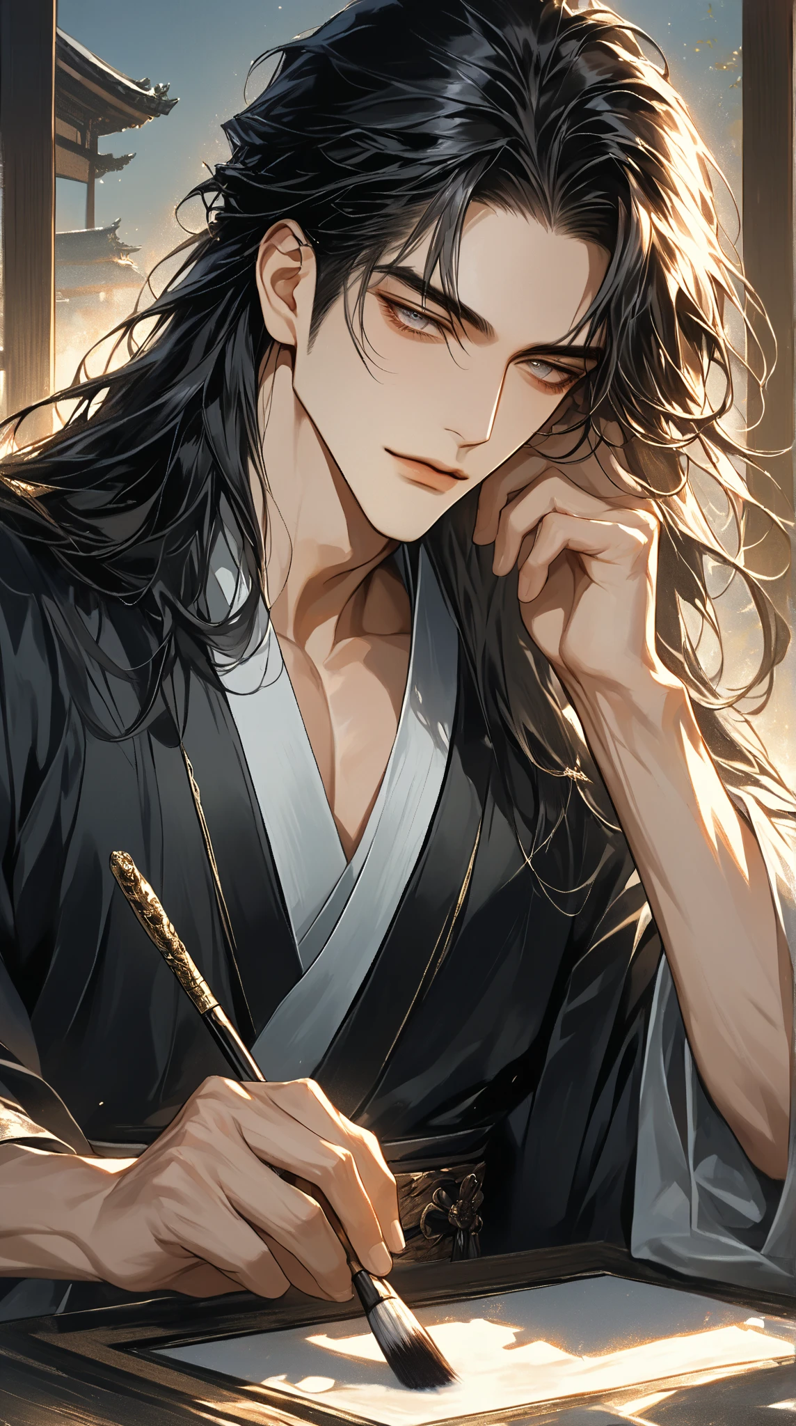(masterpiece, best quality:1.2), 1male, solo, wei wuxian, mo dao zu shi, mdzs, grey eyes, long black hair, perfect anatomy, nudity, nude, pervert, grin, chinese traditional room
