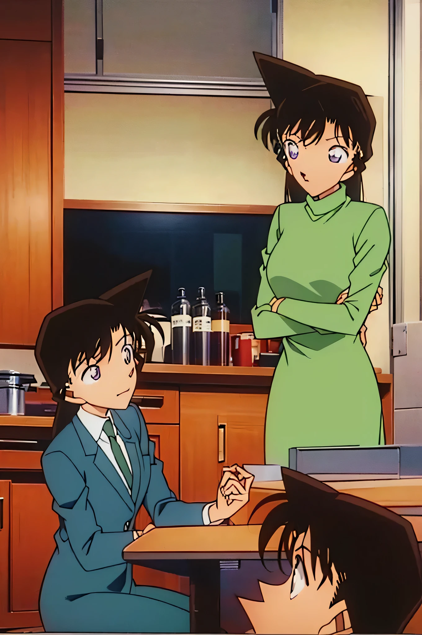 1girl、{{{mouri ran}}}, {{{meitanntei conan}}}, {{{long hair}}}, {{{official style}}}, {{{adult}}}, tight green dress (turtleneck, simple, long sleeves),(light green cropped short jacket), green socks,kitchen,bringing upper body to the sink, open, leaning forward, emphasizing the buttocks, butt to the front