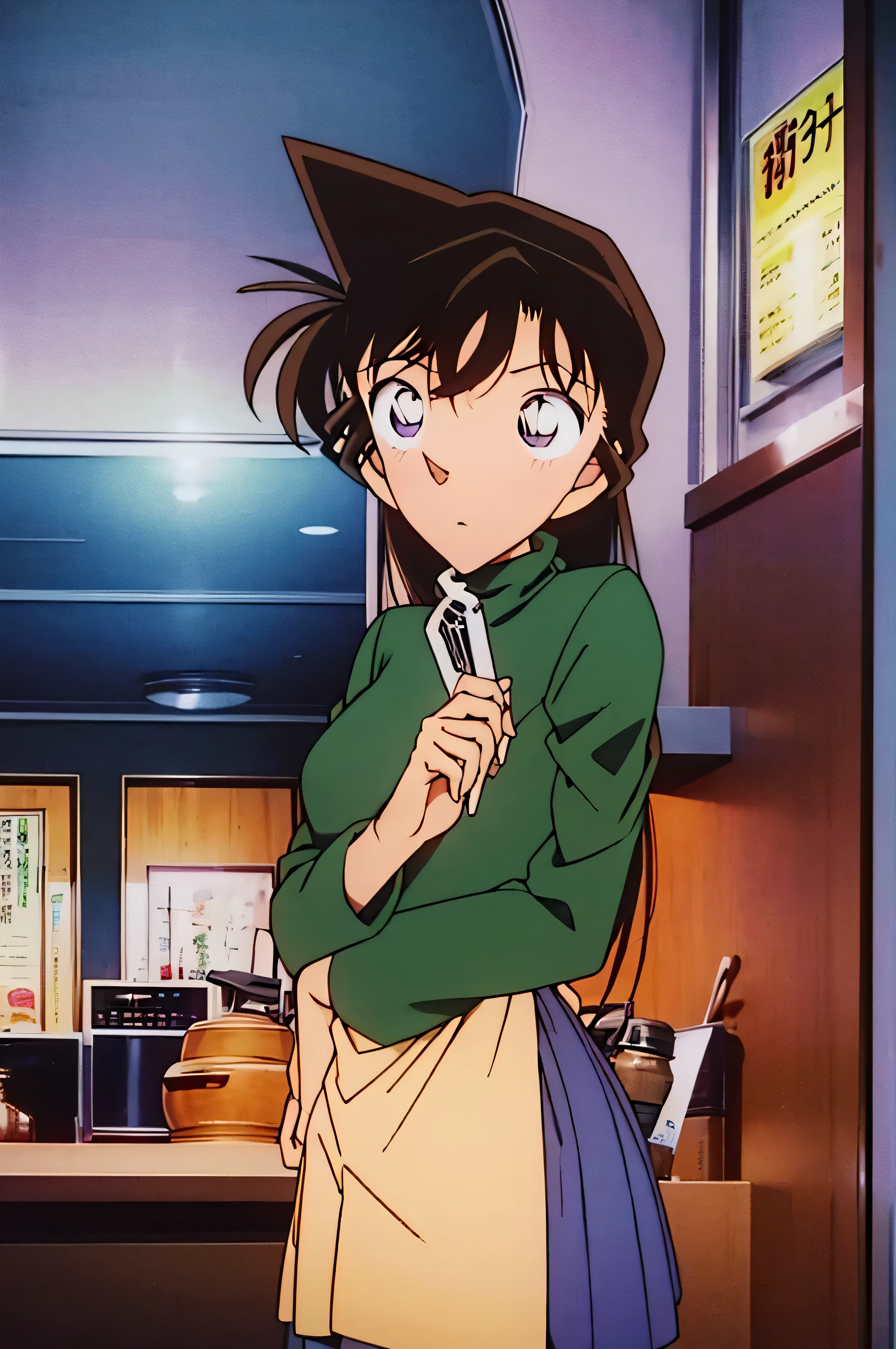 1girl、{{{mouri ran}}}, {{{meitanntei conan}}}, {{{long hair}}}, {{{official style}}}, {{{adult}}}, tight green dress (turtleneck, simple, long sleeves),(light green cropped short jacket), green socks,kitchen,bringing upper body to the sink, open, leaning forward, emphasizing the buttocks, butt to the front