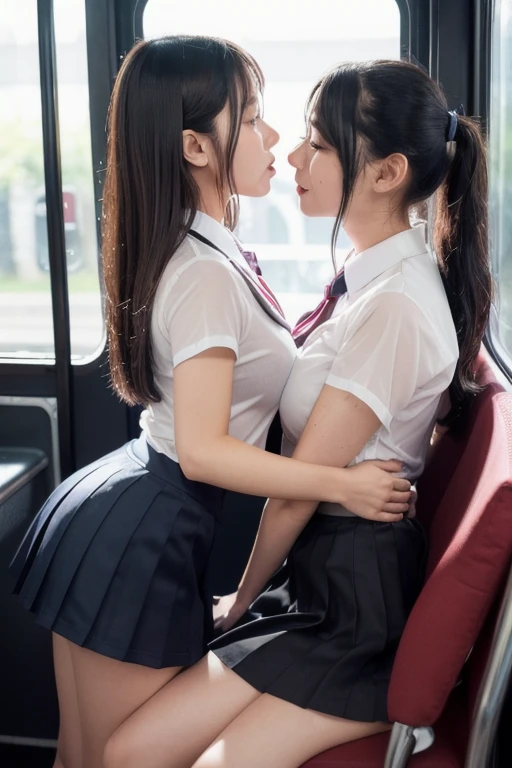 nsfw, (curvy:1. 2), 2girls, Emma Raducanu and Jennifer Lawrence kissing each other passionately, feeling her tits, sweaty, hot, secret tryst, forbidden love, naughty school girls, thick thighs, wide hips, huge thighs, single tattoo on the outside of the upper thigh, squatting, from side, chunky brown leather school shoes, full body , white legwear thigh highs, (skindentation:1. 3), (photorealistic face:1. 2), pouty open smile, (hard nipples, covered nipples:1. 2), (pink and purple twin tails:1. 2), hair ribbon, eyes closed, shiny eyes, character portrait, (school uniform, white collared blouse, mini skirt, pleated skirt, plaid skirt:1. 3), sharp focus, warm color palette, secluded spot behind the school background, ultra detailed, best quality, masterpiece, (volumetric lighting, bright), painterly, 4k wallpaper, analog aesthetic, retro aesthetic, masterpiece, award-winning photography, Nikon D850, Kodak Portra 400 film, rich color, photorealistic, atmospheric, cinematic, moody, rule of thirds