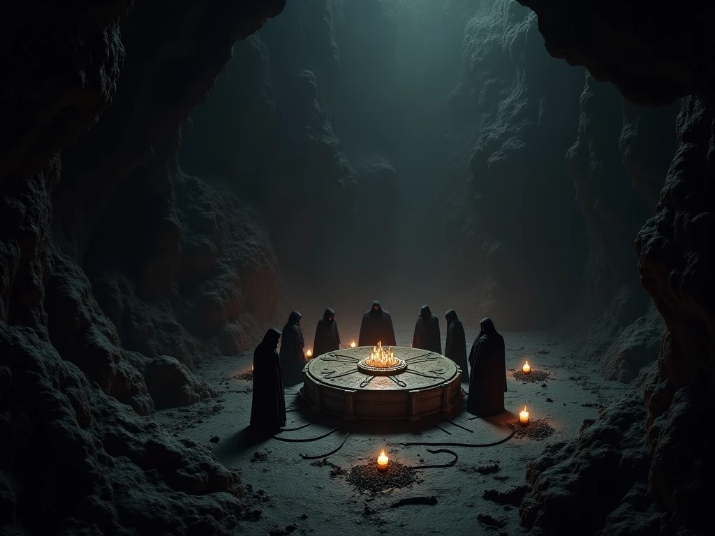 A cult ritual site in a cave from the Arkham Horror franchise, hyper realistic, actually like the picture but in a cinematic horror movie scene