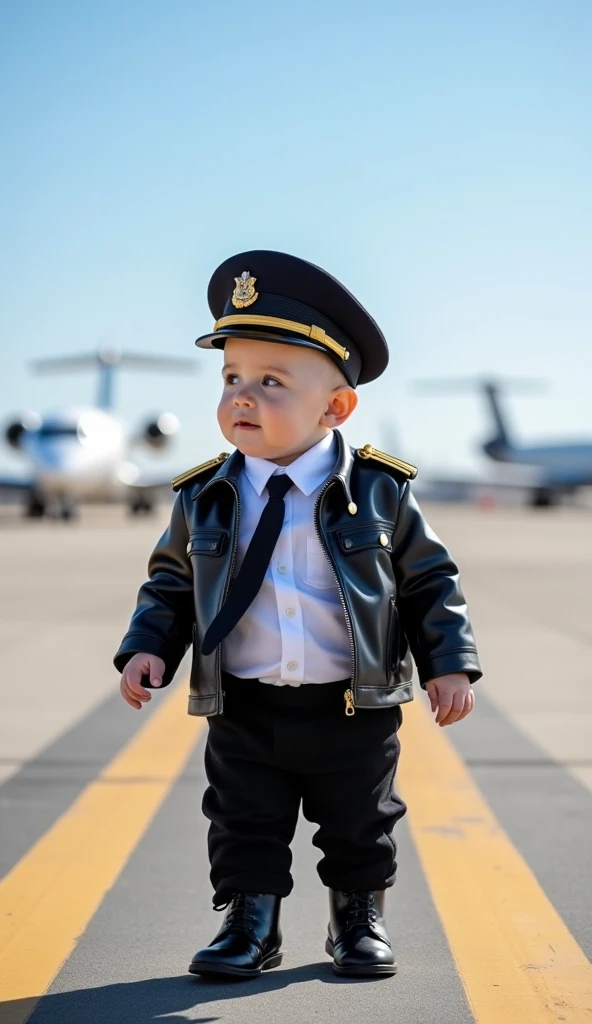 Cute baby with very big head wearing air force uniform and air force hat on his head in fashion show real realistic style full body