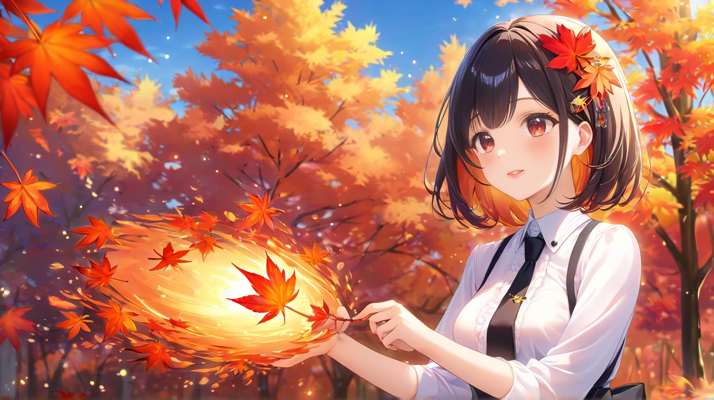 A cheerful girl with black bob hair, red eyes, and sharp, upturned eyes. She wears a white shirt with black buttons, a black tie, and a black-and-white skirt. Her hair is adorned with an elegant autumn-themed accessory, such as a red maple leaf clip, adding a touch of seasonal charm. The background features vibrant red and orange autumn leaves, creating a warm, seasonal atmosphere. High-quality illustration in 4K resolution, with vivid details and a focus on the girl.The art style is exquisitely soft and delicate, with carefully rendered pale and pastel colors that blend harmoniously, creating a light, dreamy, and high-quality illustration.