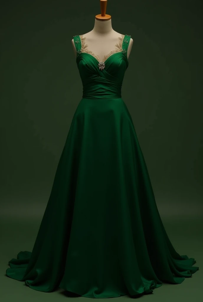Farbe: A deep emerald green, elegant and vibrant.
styled: The dress has a long, flowing silhouette, inspired by Greek goddesses, that falls gracefully to the floor, with a light and ethereal movement.
bare back: The back is fully open, with thin straps that cross softly to add a sensual touch.
leg slit: A high slit on the left leg, that brings an air of boldness and sophistication.
neckleace: The dress has no neckline in the front, maintaining elegance and mystery, with a delicate drape over the bust.
styled Guerreiro: Subtle details inspired by armor, like delicate metallic ornaments on the straps and waist, to evoke the strength of a warrior.
Glimmering Details: Small glittering details, like crystals or sequins, strategically placed to catch the light and add a touch of glamour to the movement of the dress.
now show the front part