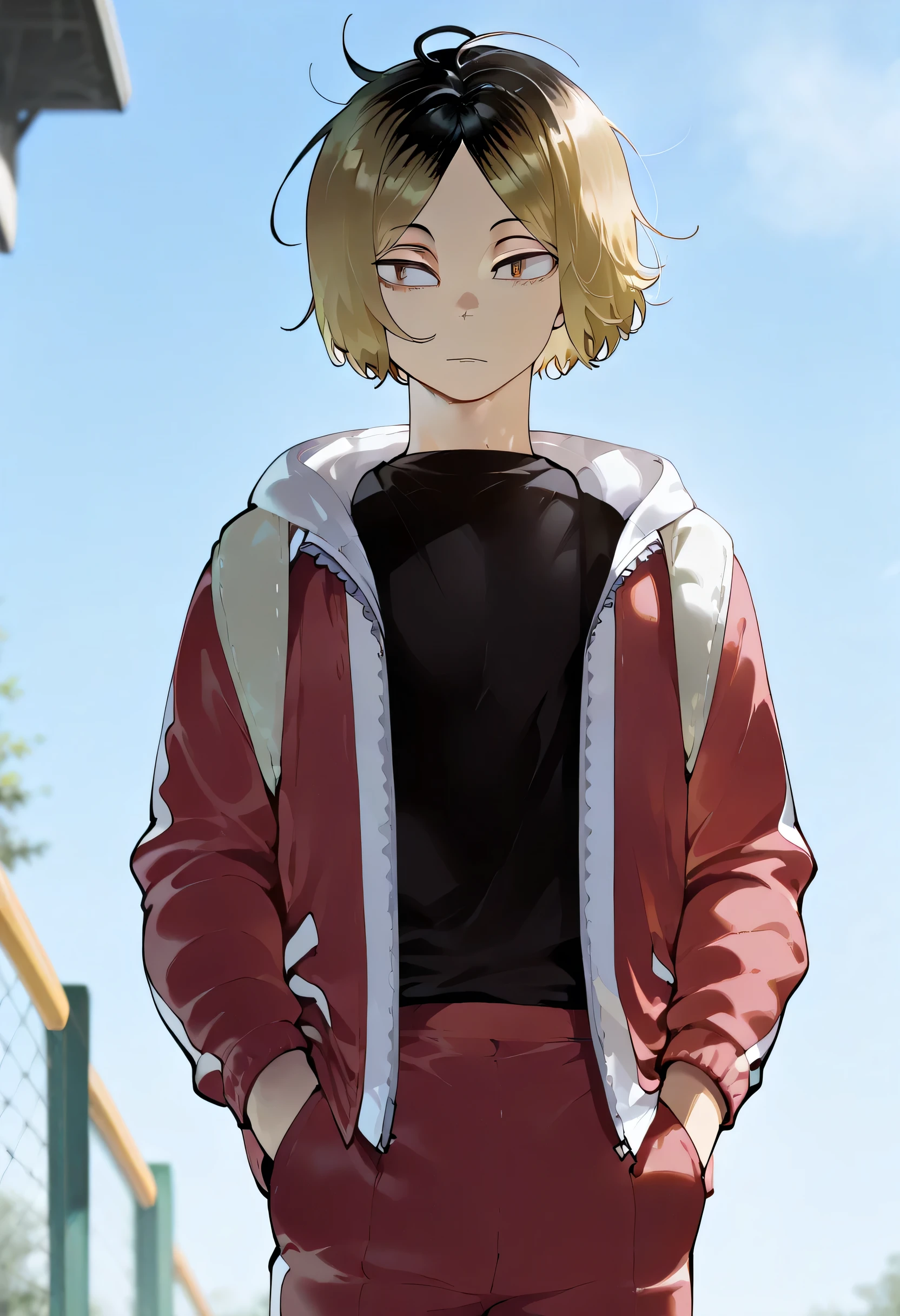 masterpiece, best quality, 
kenma, 1boy, male focus, solo, brown eyes, short hair, multicolored hair, two-tone hair, roots (hair), blonde hair, black hair, parted bangs, sportwear, track suit, track jacket, red jacket, hood, open jacket, open clothes, shirt, black shirt, pants, red pants,
outdoor