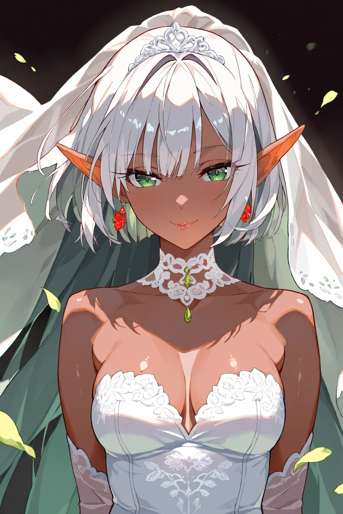 Adult anime girl with brown skin, green eyes, white hair and elf ears wearing a white dress