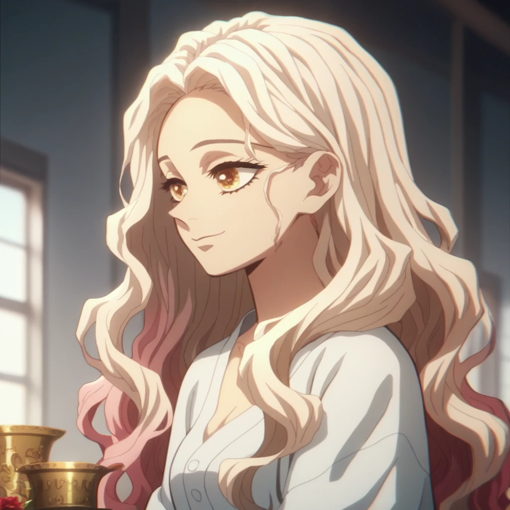 Anime screencap, Season 4 Ufotable studio, woman with platinum blonde hair and rose gold eyes, platinum blonde hair, Pink hair tips, gentle smile, long hair, extremely long hair, unstyled hair, wavy hair