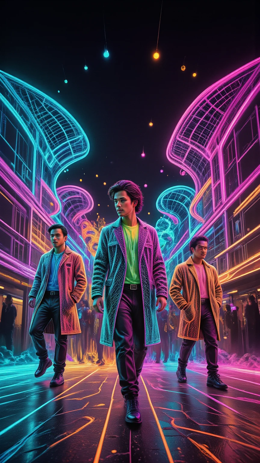 Create a hyper-realistic depiction of a vibrant 1980s music stage set against a dazzling neon cityscape. The scene features a dynamic dance models, showcasing unique 80s style clothing, complete with bold patterns and extravagant accessories. Capture the raw emotion and excitement of the moment, with models strutting confidently under bright neon lights, surrounded by an serialism fantasy dreamy magical objects immersed in the spectacle. Incorporate unusual and vibrant colors, with a backdrop of holographic elements and psychedelic designs, evoking a sense of trippy nostalgia. Include intricate details like a honeycomb pattern in the stage design, enhancing the overall atmosphere of this magical, electrifying night.